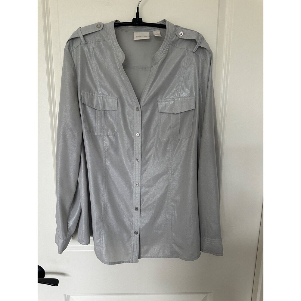 Chico's Silver-Gray Metallic Button-Down Shirt Chico’s 2 (Large /US 12)
